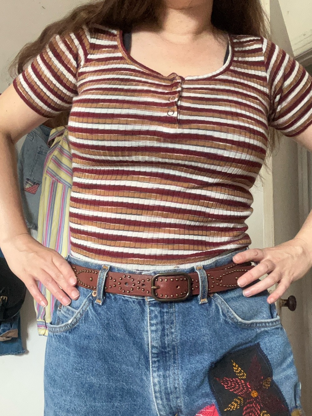 Topshop Burgundy and Cream Striped Ribbed Scooped Neck Adorable Baby Tee